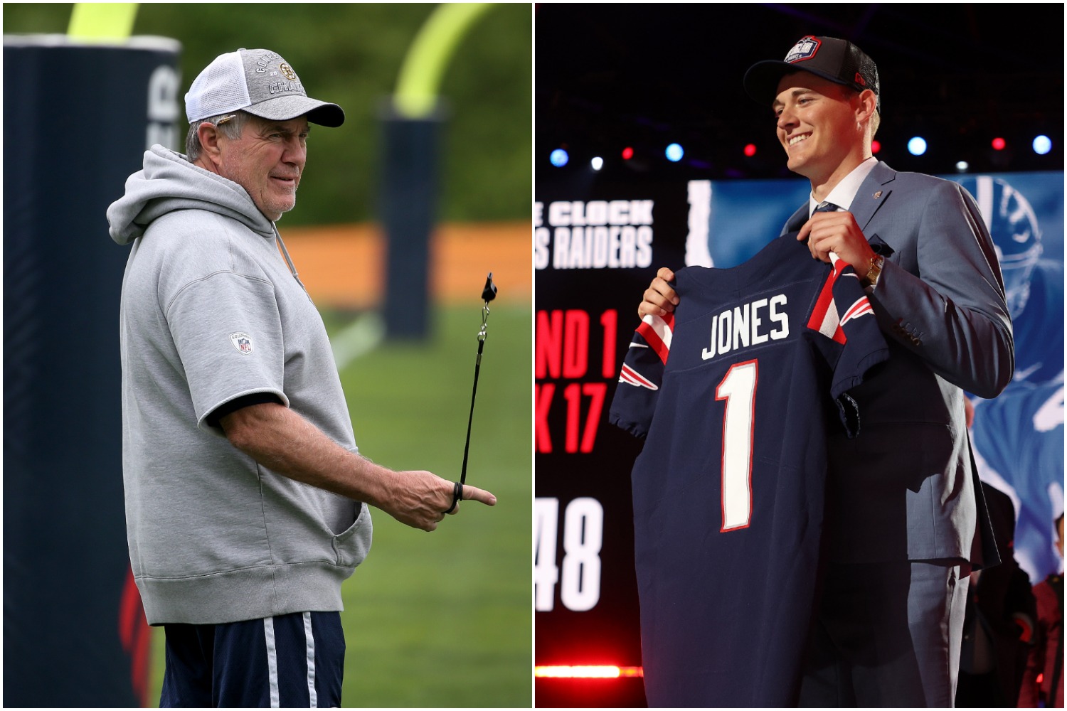 Patriots head coach Bill Belichick watches practice as Mac Jones holds up his Patriots jersey after getting selected 15th overall in the 2021 NFL draft.