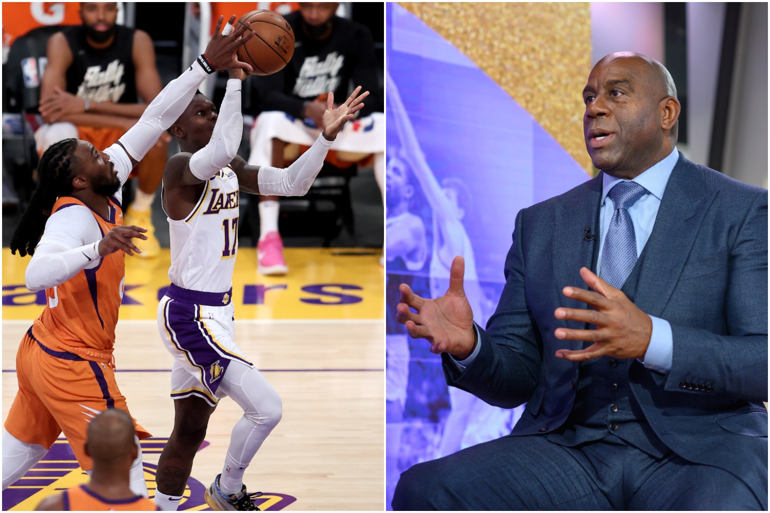 Los Angeles Lakers guard Dennis Schroder drives to the basket as NBA legend Magic Johnson speaks at an event.