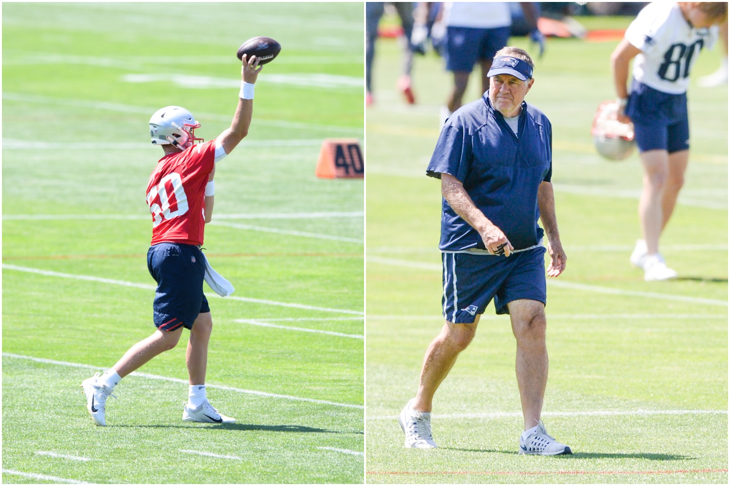 Patriots QB Mac Jones throws a ball as Bill Belichick walks by players warming up.