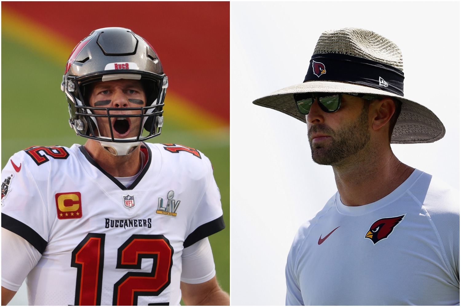 Tom Brady shouts at the crowd as Kliff Kingsbury watches the Arizona Cardinals practice.