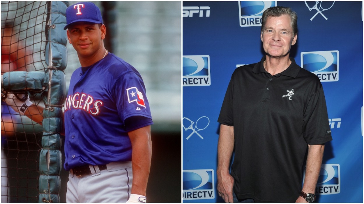 (L-R) Alex Rodriguez of the Texas Rangers looks on during batting practice prior to the start of an Major League Baseball game circa 2001. Rodriguez played for the Rangers from 2001-03; Radio personality Dan Patrick attends the DIRECTV Old School Challenge Presented by ESPN at the 69th Regiment Armory on August 25, 2011 in New York City.