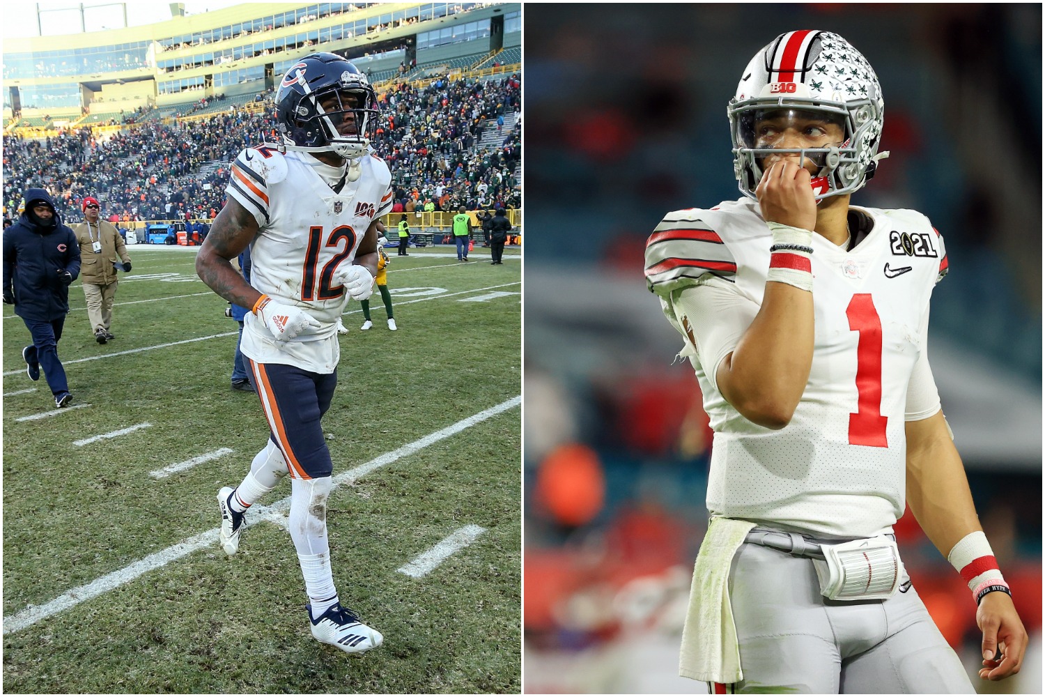 Chicago Bears WR Allen Robinson jogs off the field as former Ohio State star Justin Fields looks toward the scoreboard.