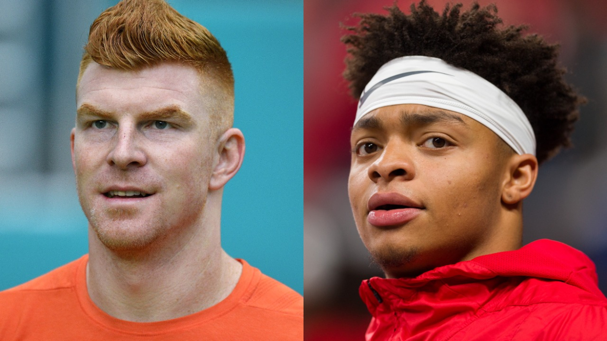 Andy Dalton and Justin Fields, who both hope to become the Bears' starting quarterback.