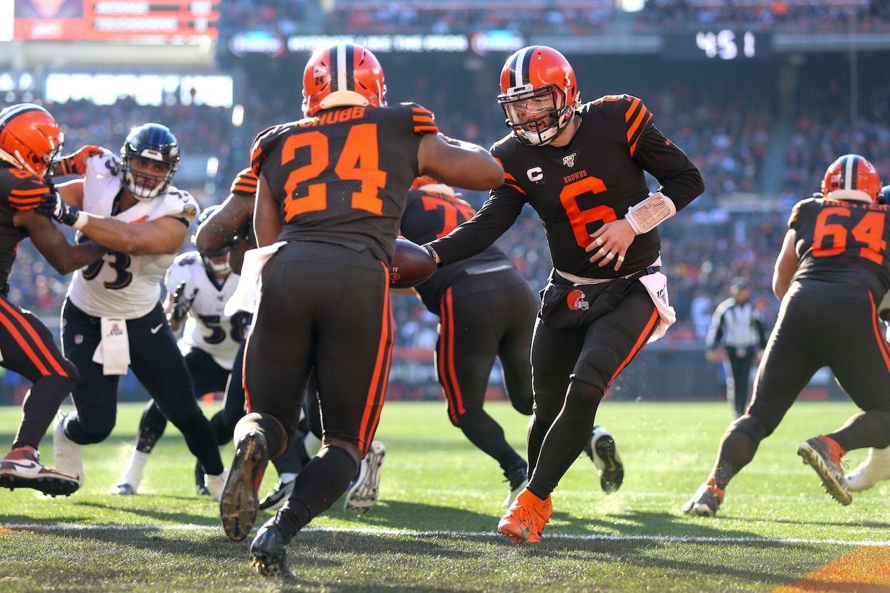 Cleveland Browns quarterback Baker Mayfield hands off to Cleveland Browns running back Nick Chubb during the second quarter of the National Football League game between the Baltimore Ravens and Cleveland Browns on December 22, 2019, at FirstEnergy Stadium in Cleveland, OH.