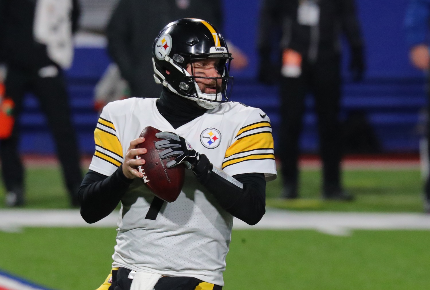 Ben Roethlisberger of the Pittsburgh Steelers looks to throw against the Buffalo Bills at Bills Stadium on Dec. 13, 2020. in Orchard Park, New York. | Timothy T Ludwig/Getty Images