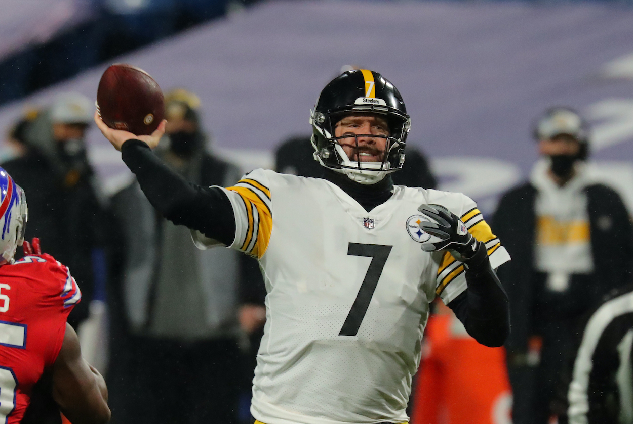 Ben Roethlisberger of the Pittsburgh Steelers throws a pass against the Buffalo Bills at Bills Stadium on December 13, 2020 in Orchard Park, New York.