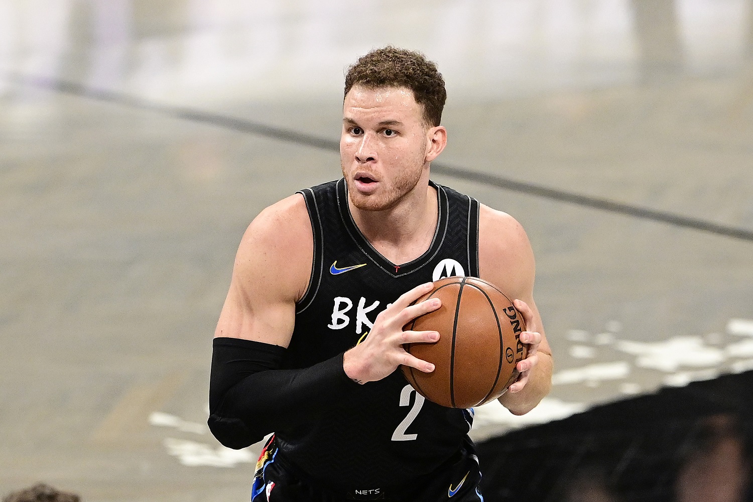 Blake Griffin of the Brooklyn Nets handles the ball against the Milwaukee Bucks in Game 5 of the 2021 NBA eastern Conference semifinals.