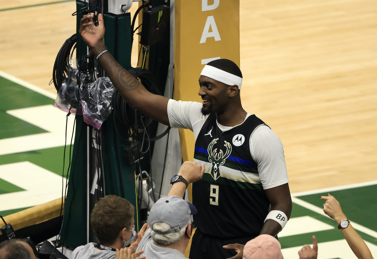 Bobby Portis of the Milwaukee Bucks celebrates with fans during the second half in Game Six of the NBA Finals against the Phoenix Suns at Fiserv Forum on July 20, 2021 in Milwaukee, Wisconsin.