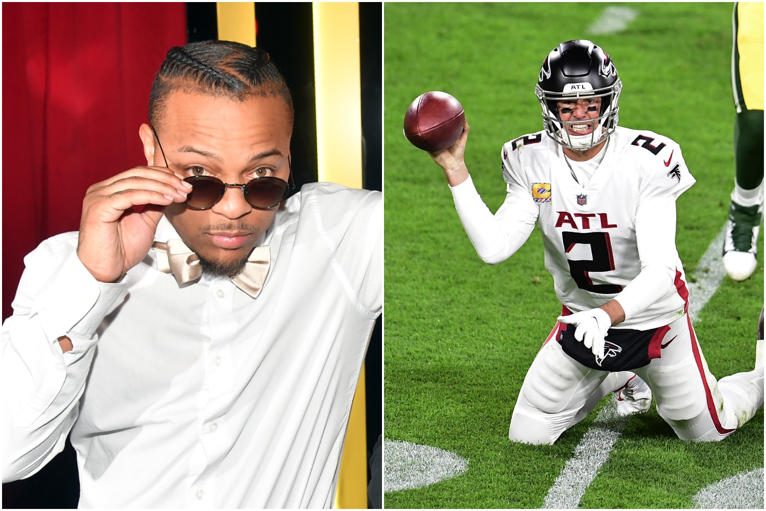 Rapper Bow Wow lowers his sunglasses for a picture as Atlanta Falcons quarterback Matt Ryan gets sacked.