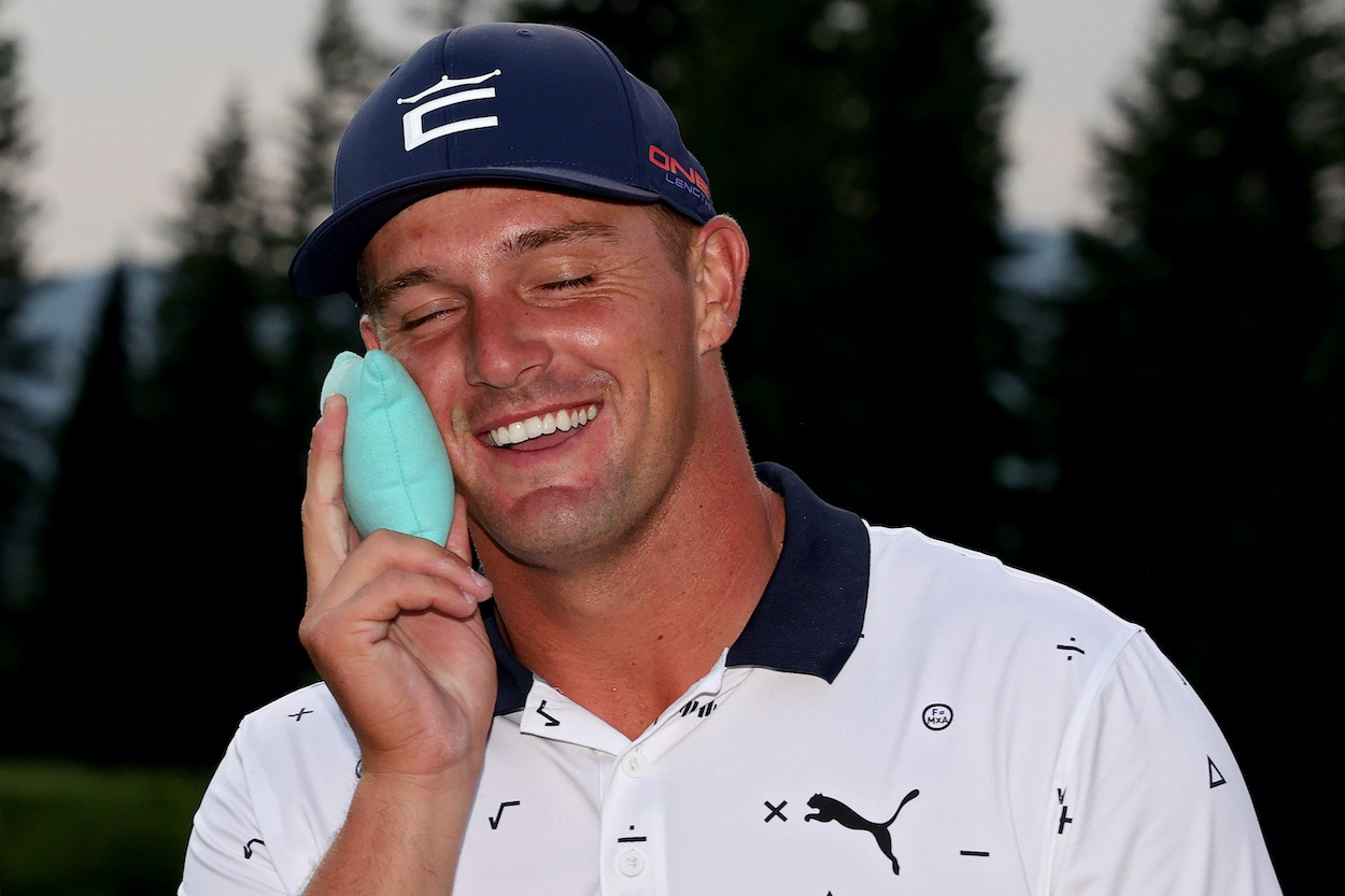 Bryson DeChambeau celebrates after winning Capital One's The Match at The Reserve at Moonlight Basin on July 06, 2021 in Big Sky, Montana.