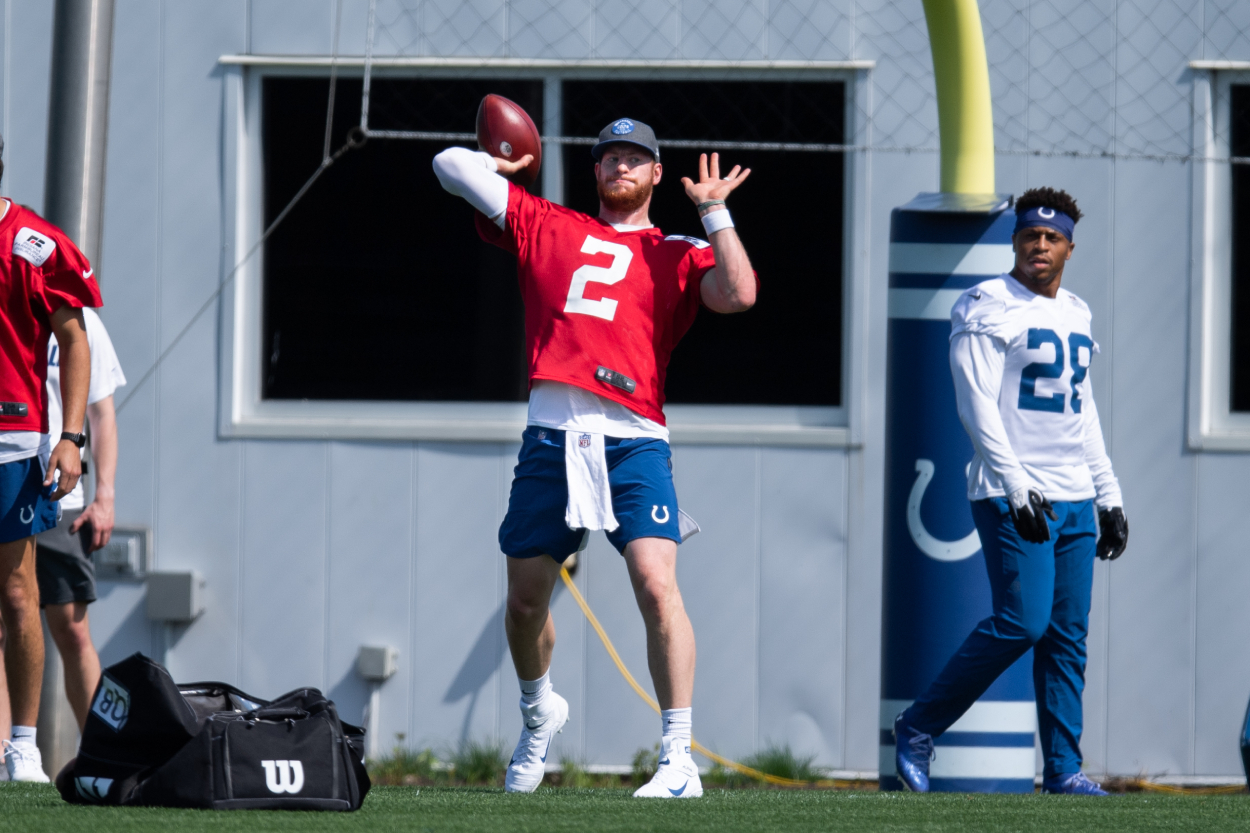 Indianapolis Colts quarterback Carson Wentz at practice in May 2021.