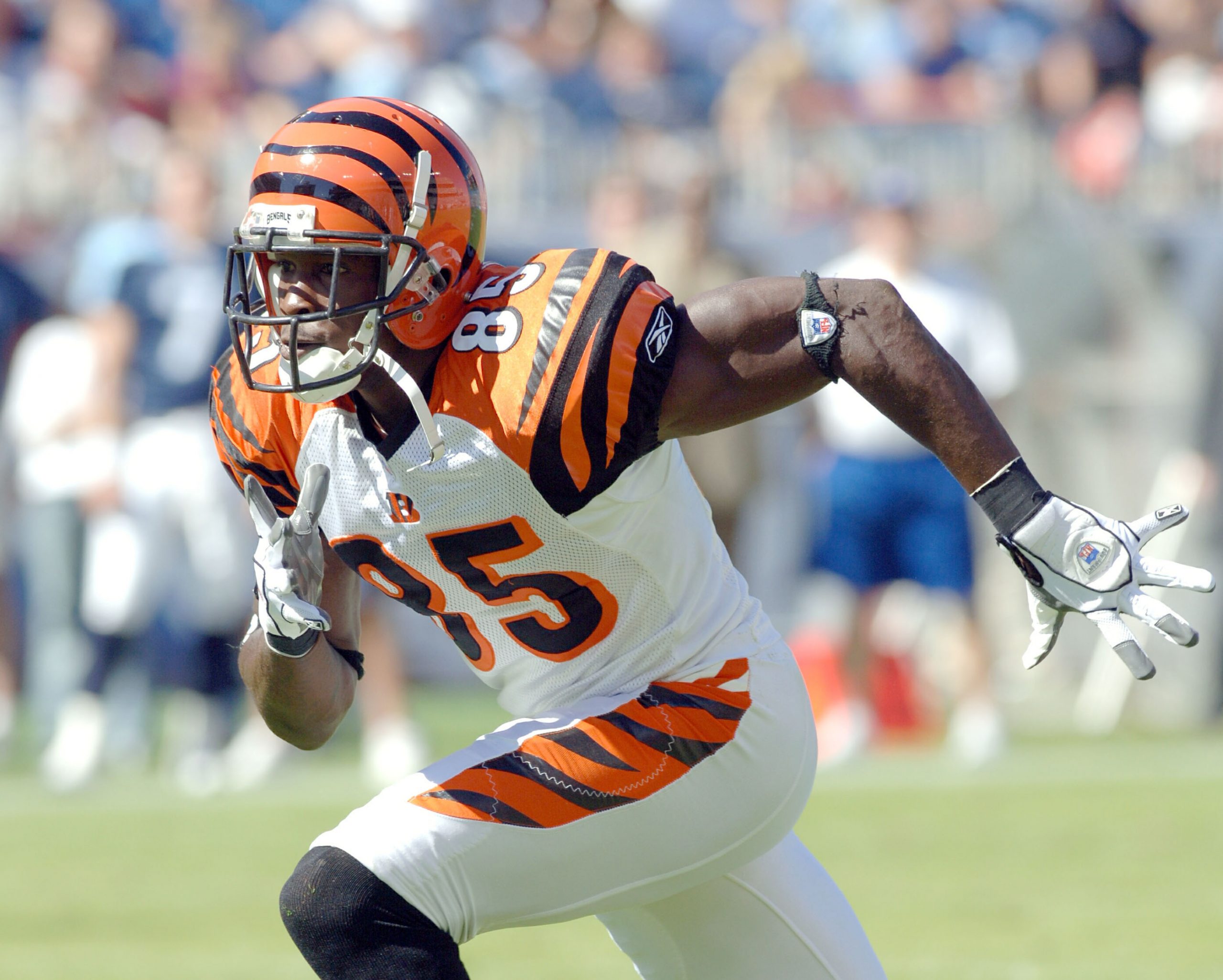 Chad Johnson breaks from the line of scrimmage during his playing days with the Cincinnati Bengals.