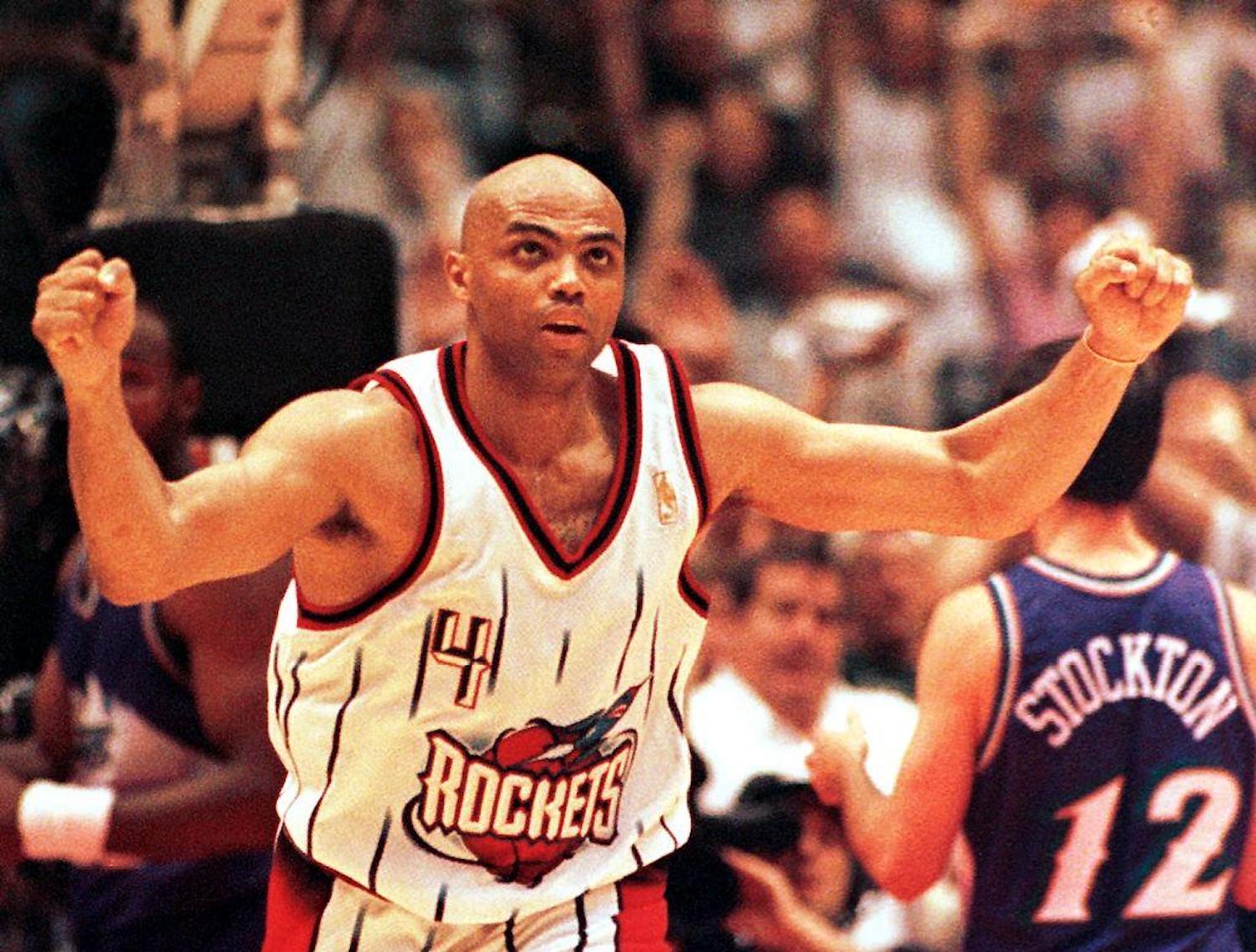 Houston Rockets forward Charles Barkley reacts during an NBA game.