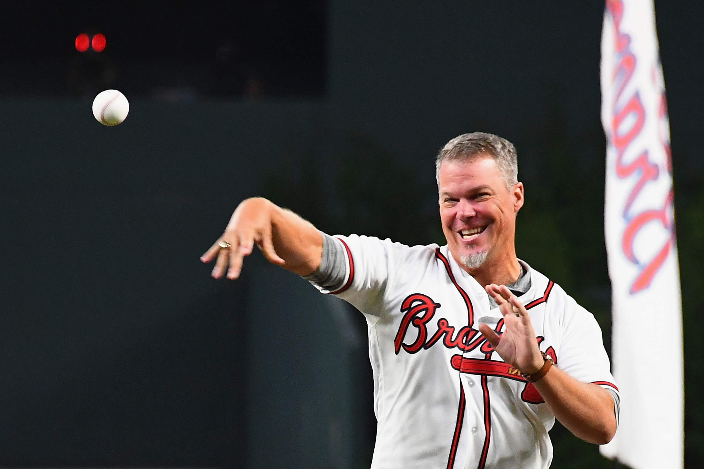 Chipper Jones throws out the fist pitch during the NLDS in 2018.