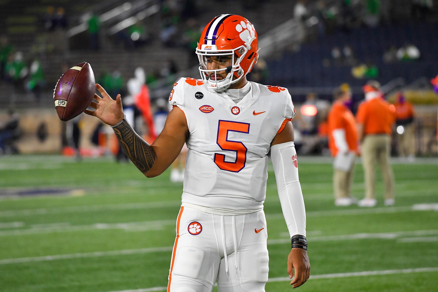 D.J. Uiagalelei of the Clemson Tigers warms up before the game against the Notre Dame Fighting Irish on Nov. 7, 2020, in South Bend, Indiana. | Matt Cashore-Pool/Getty Images