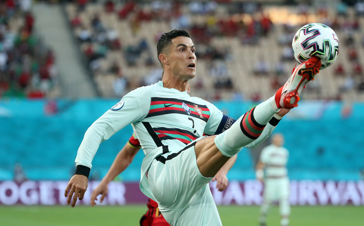 Cristiano Ronaldo in action with the ball during the UEFA Euro 2020 Championship Round of 16 match