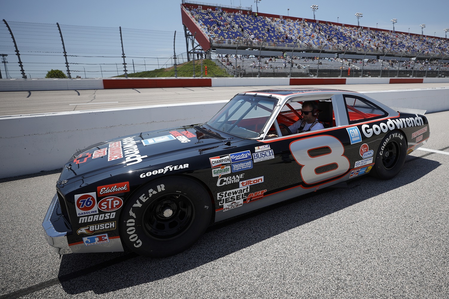 Dale Earnhardt Jr. prepares to lead the pace lap in his father’s No. 8 Chevrolet prior to the NASCAR Xfinity Series Steakhouse Elite 200 at Darlington Raceway on May 8, 2021.