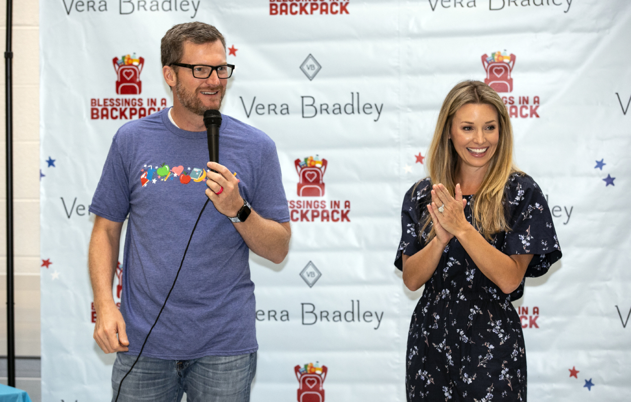 Dale Earnhardt Jr. and his wife Amy surprised students for the Vera Bradley Blessings In A Backpack Event