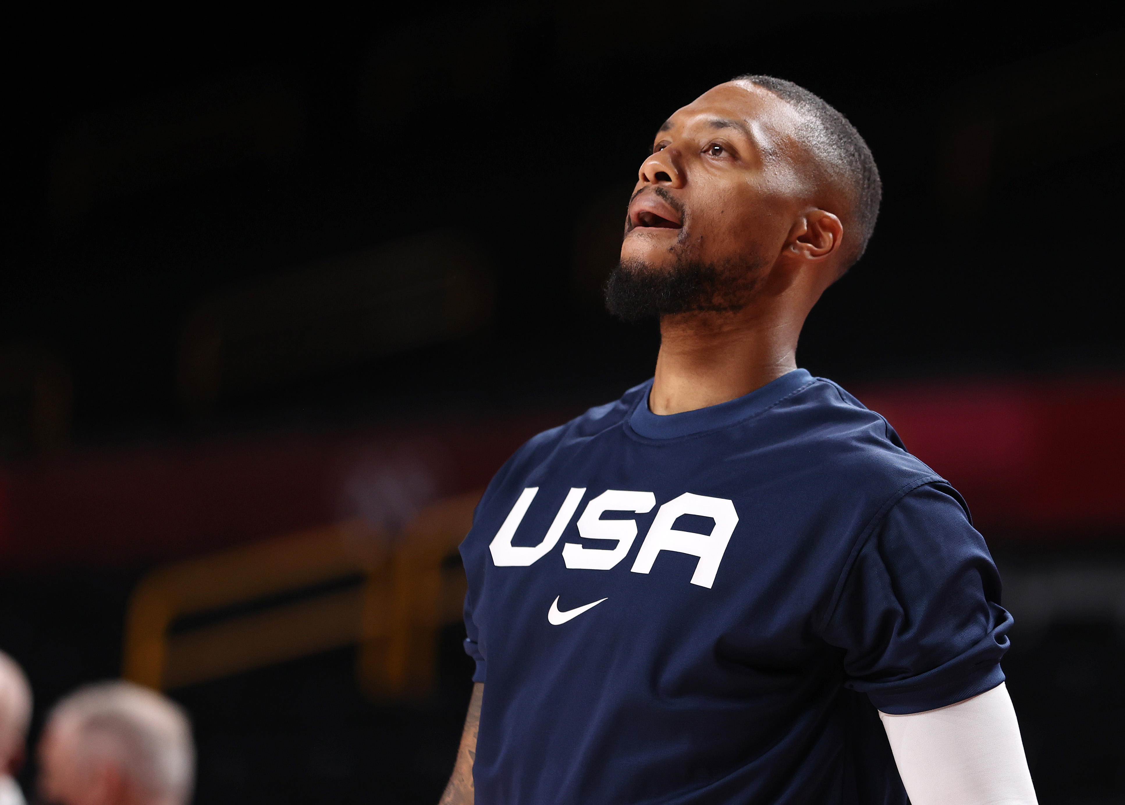 Damian Lillard warms up for Team USA's game against Iran