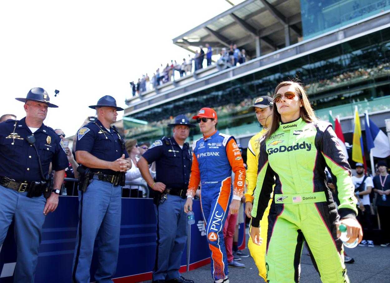 Danica Patrick walks out during driver introductions before the start of the Indianapolis 500 race at the Indianapolis Motor Speedway on May 27, 2018