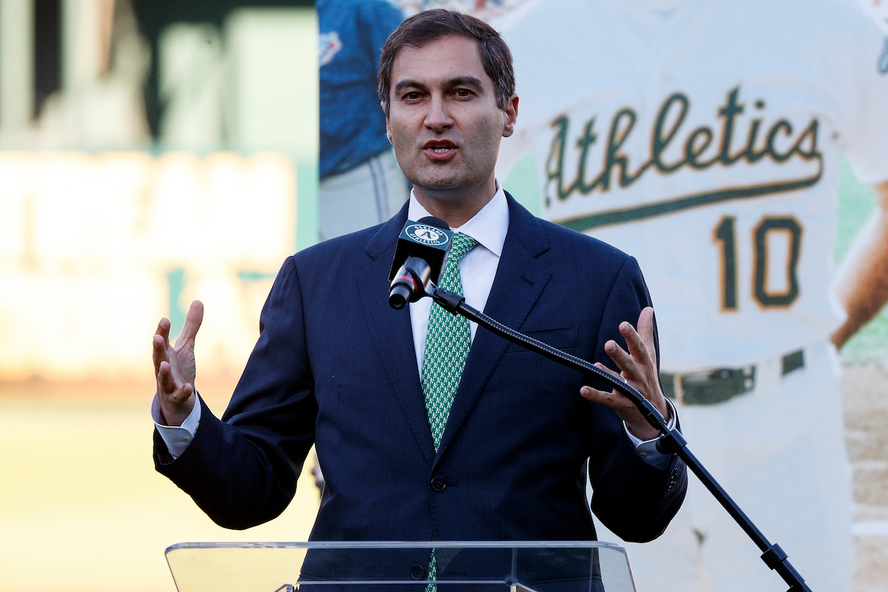 Oakland Athletics president Dave Kaval speaks to the fans before a game against the Texas Rangers in 2019