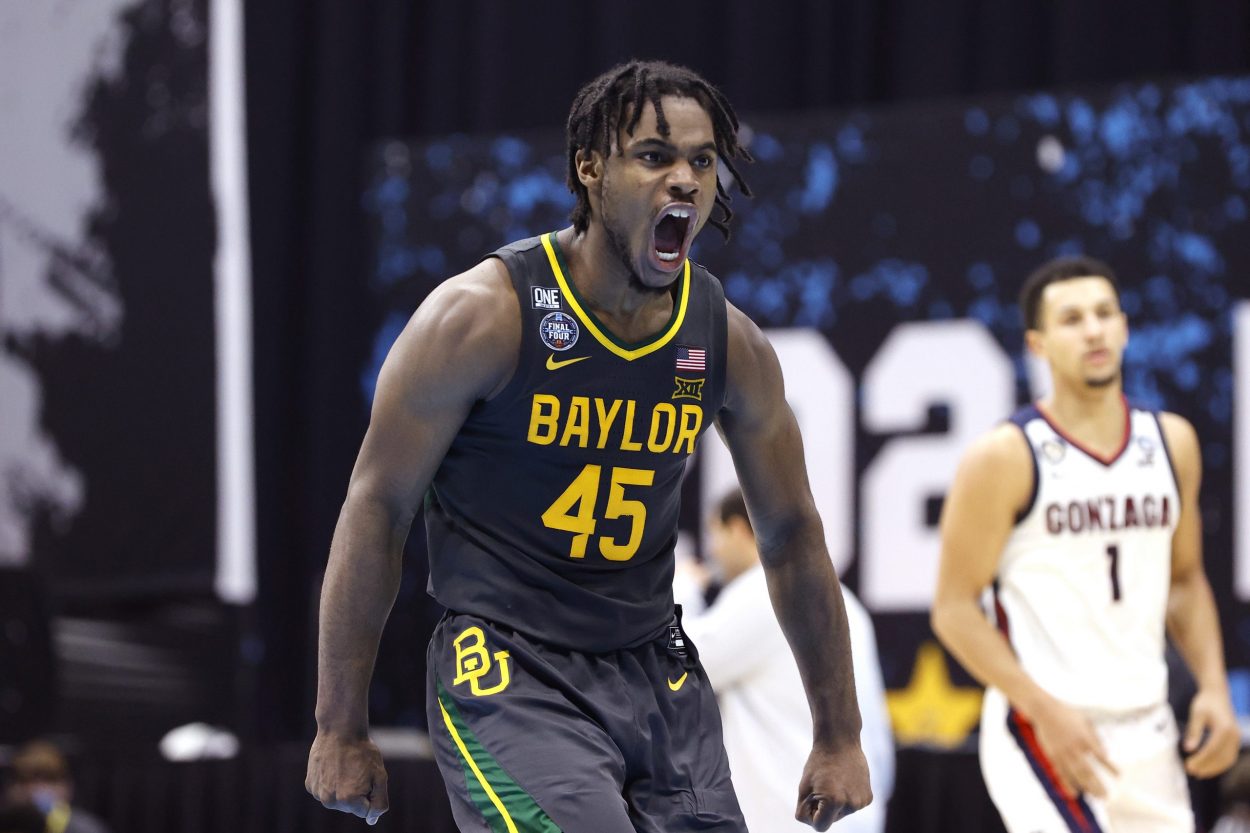 Davion Mitchell reacts during the 2021 national title game.