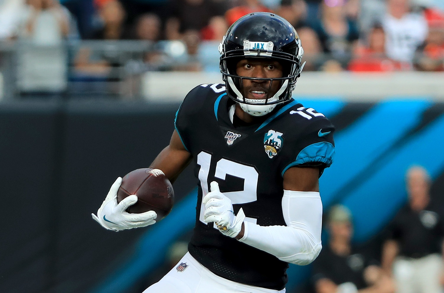 Dede Westbrook of the Jacksonville Jaguars runs for yardage during the game against the Tampa Bay Buccaneers at TIAA Bank Field on Dec. 1, 2019, in Jacksonville, Florida.