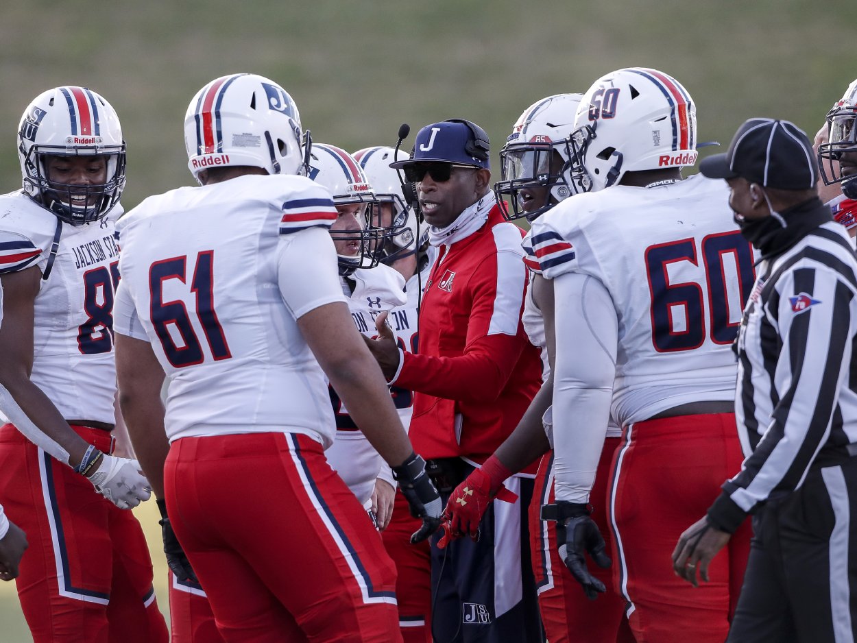 Jackson State head football coach Deion Sanders and his team in 2021. Deion's son, Shedeur, plays quarterback for him.