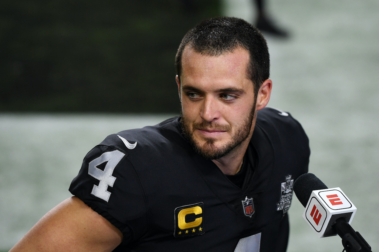 Quarterback Derek Carr of the Las Vegas Raiders waits to be interviewed after the Raiders defeated the New Orleans Saints 34-24 in the NFL game at Allegiant Stadium on September 21, 2020 in Las Vegas, Nevada.