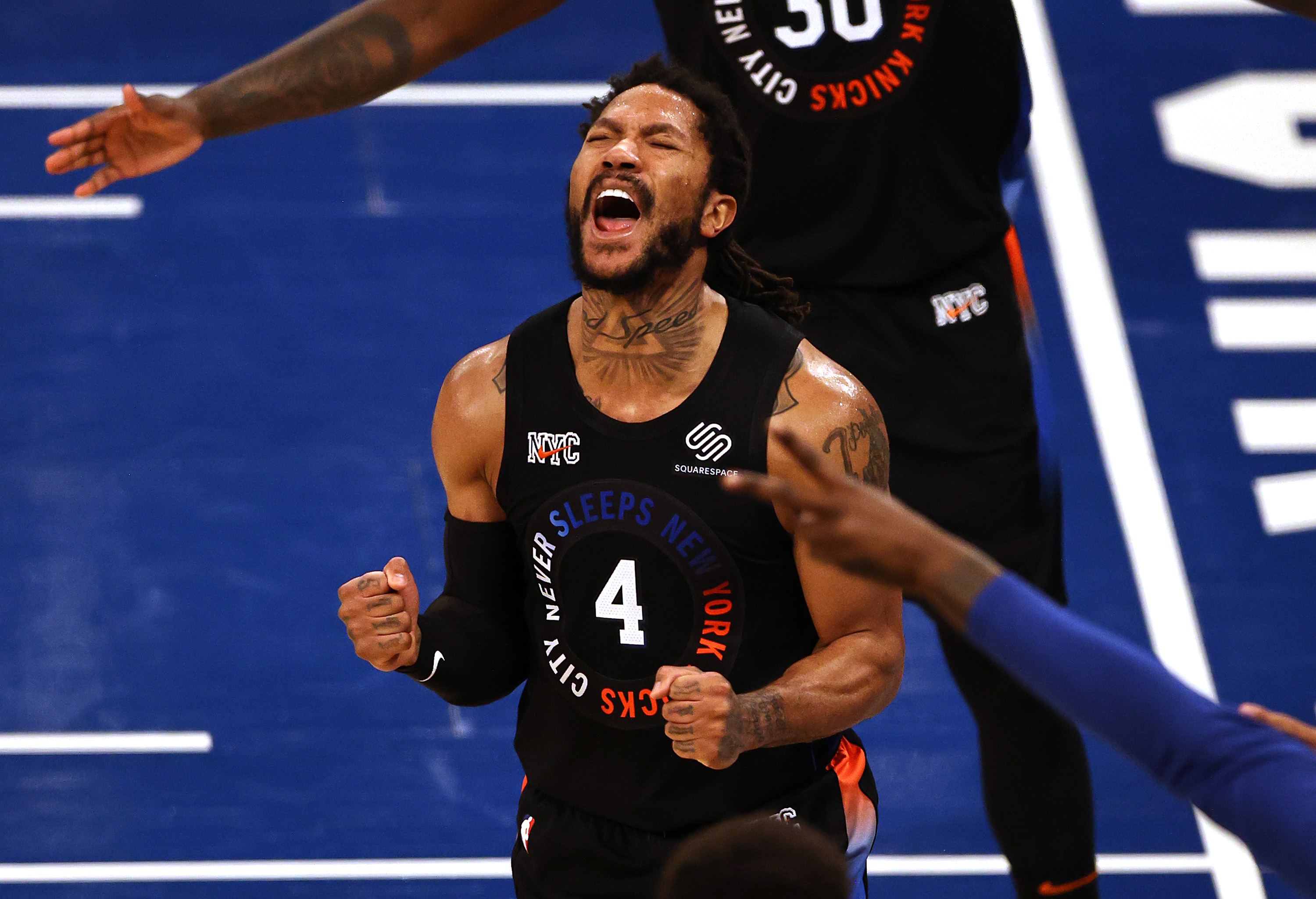 Derrick Rose celebrates during a New York Knicks playoff win