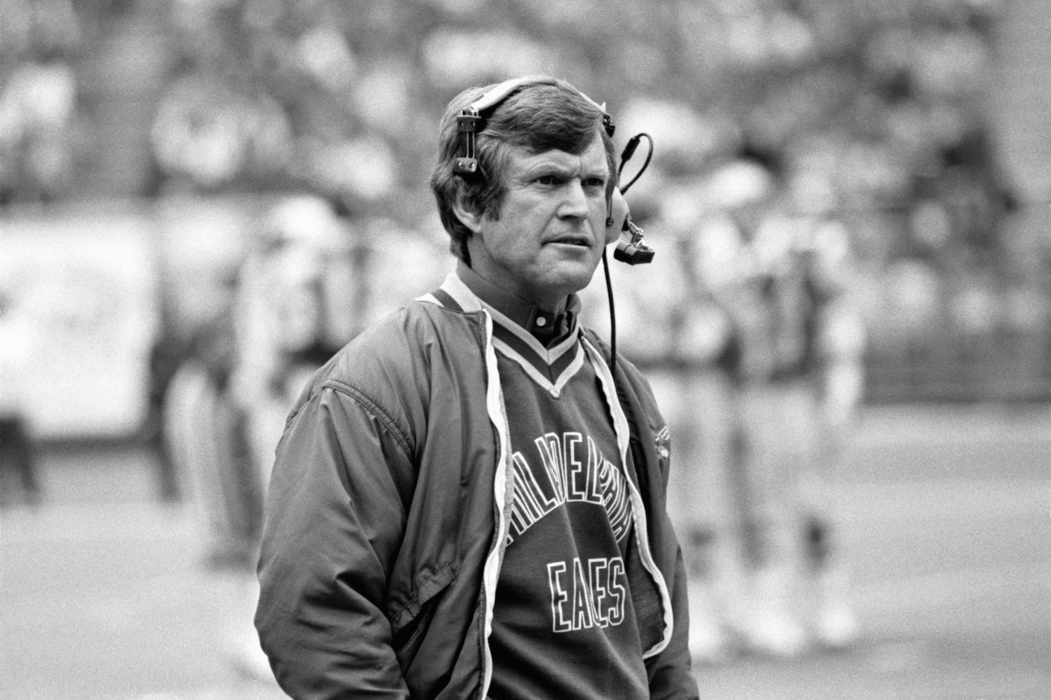 Philadelphia Eagles head coach Dick Vermeil watches his team warm up in 1979.