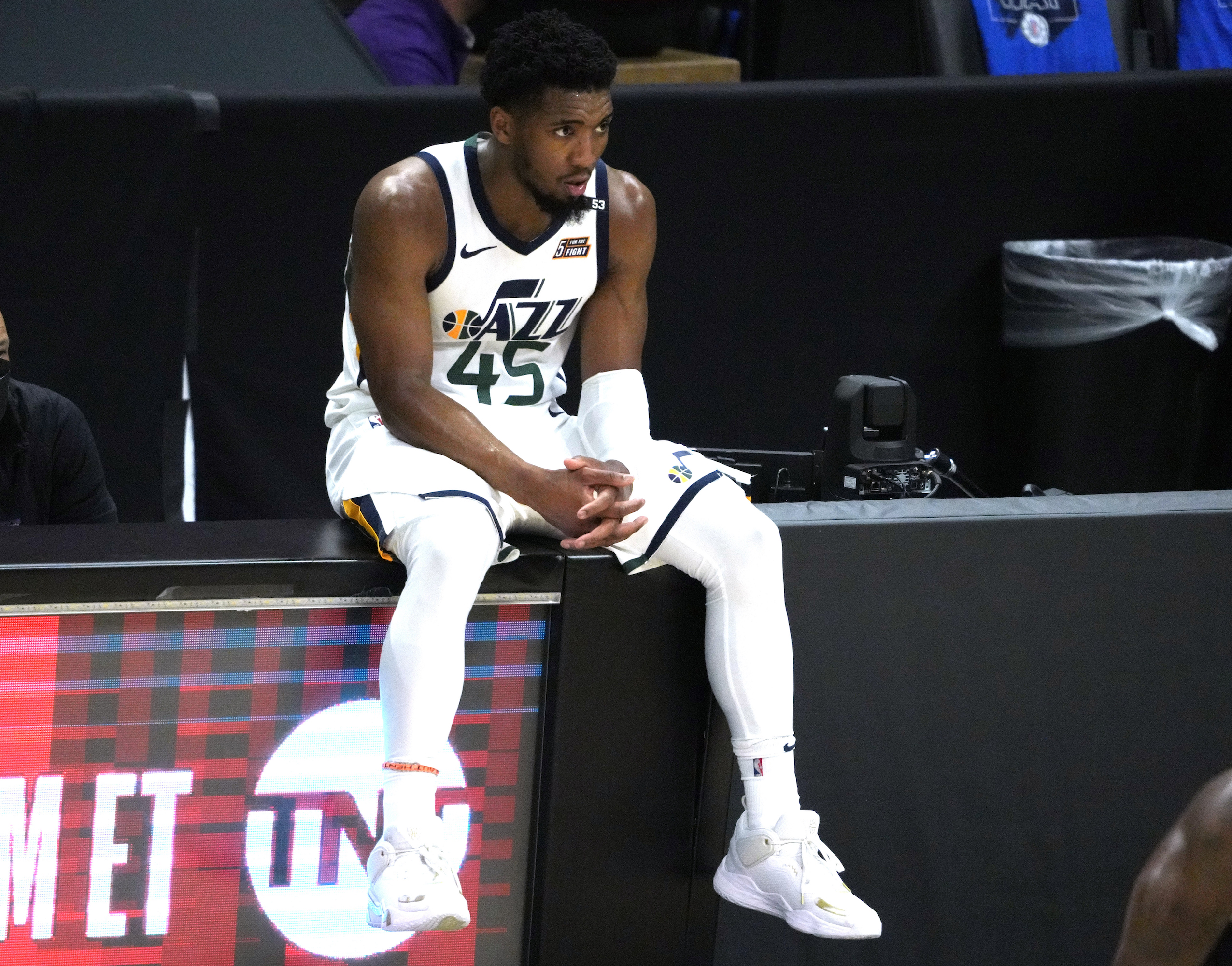 Utah Jazz guard Donovan Mitchell waits to check in during the 2021 NBA playoffs.