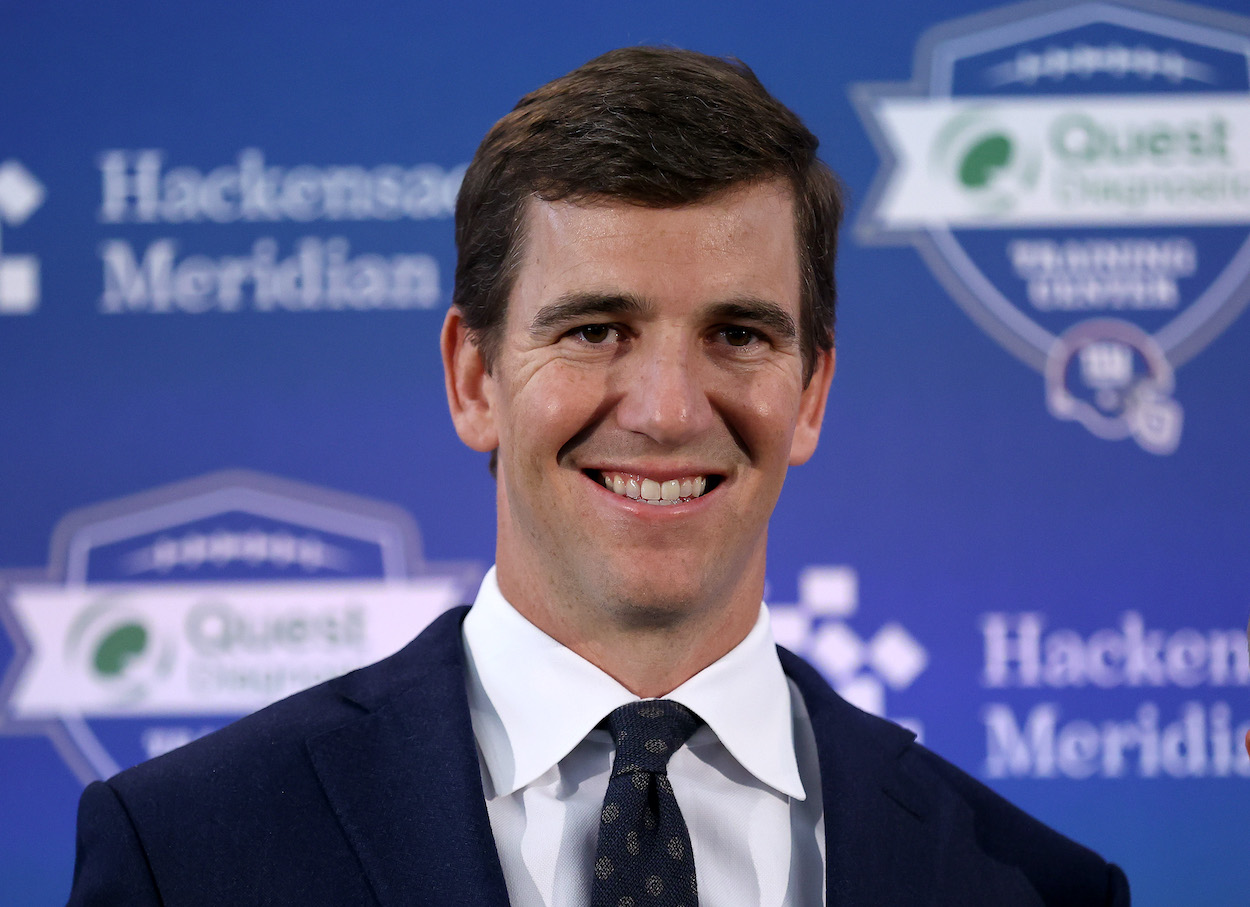 Eli Manning of the New York Giants smiles after a press conference announcing his retirement on January 24, 2020 at Quest Diagnostic Training Center in East Rutherford, New Jersey.The two time Super Bowl MVP retired after 16 seasons with the team.