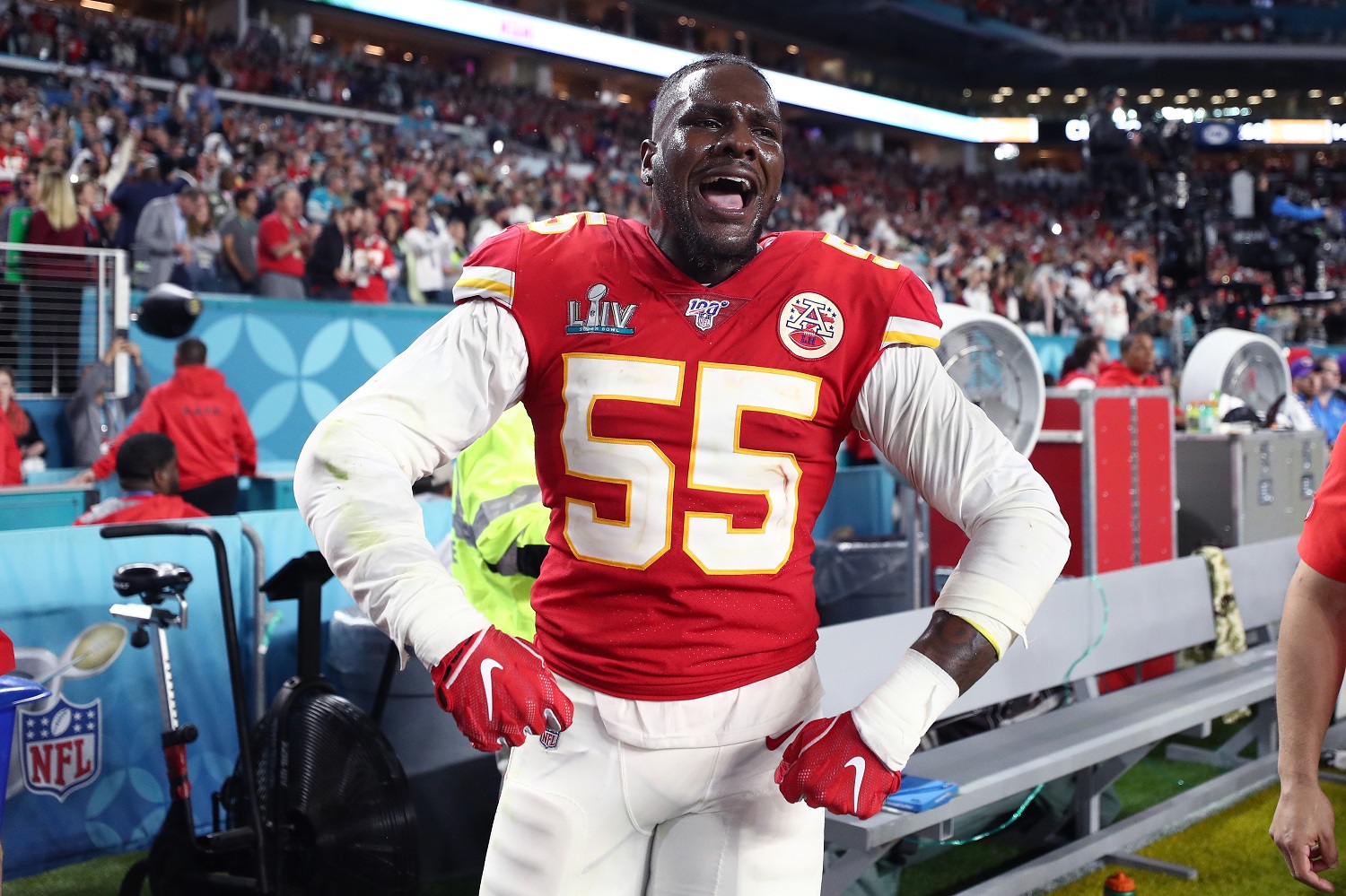 Kansas City Chiefs defensive end Frank Clark reacts after defeating San Francisco 49ers in Super Bowl 54 at Hard Rock Stadium in Miami,.