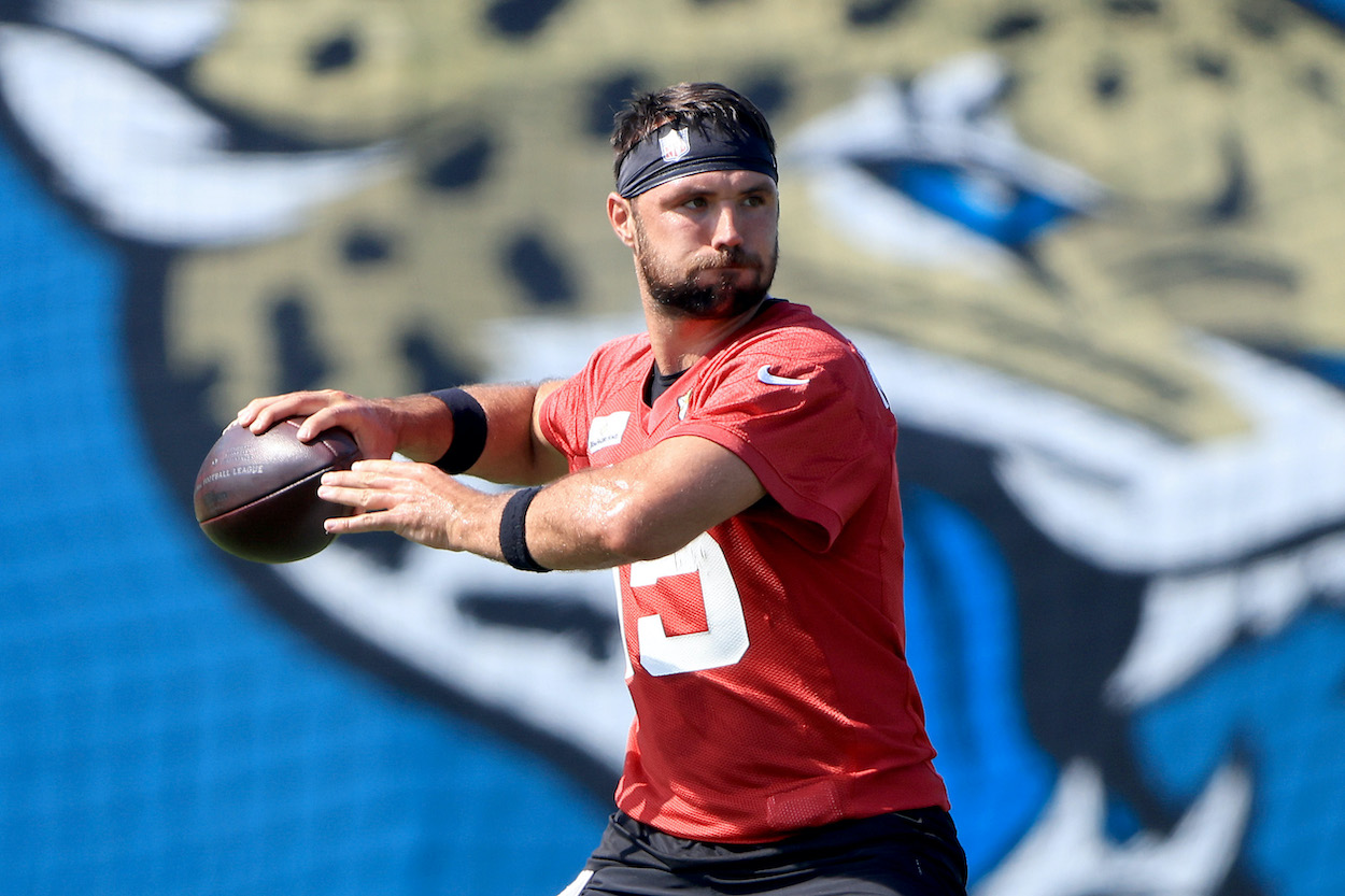 Gardner Minshew II participates in drills during Jacksonville Jaguars Mandatory Minicamp at TIAA Bank Field on June 15, 2021 in Jacksonville, Florida.