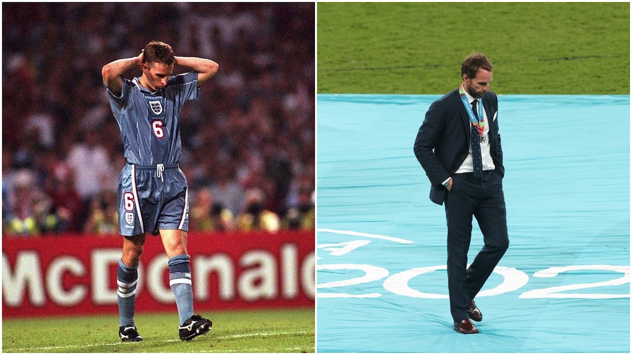 (L-R) England National Team defender Gareth Southgate after missing a penalty in a semifinal match vs. Germany in Euro 1996; Gareth Southgate, England National Team manager, reacts after the UEFA Euro 2020 Championship Final between Italy and England at Wembley Stadium on July 11, 2021 in London, United Kingdom.
