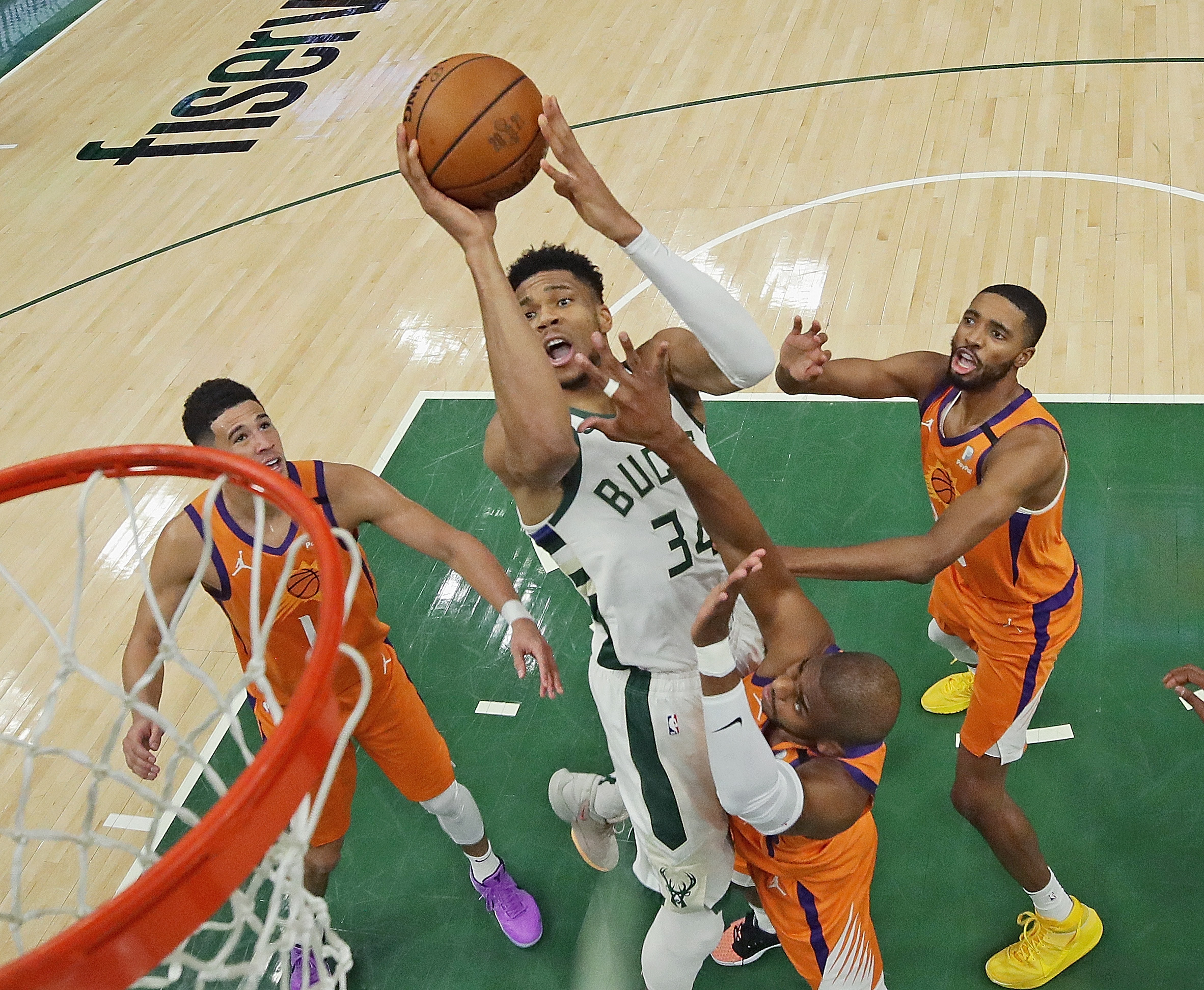 Giannis Antetokounmpo takes a shot in Game 4 of the NBA Finals.