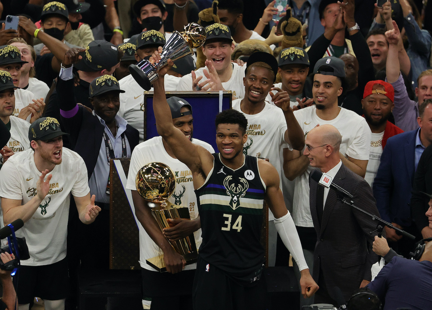 Giannis Antetokounmpo and his Milwaukee Bucks are crowned NBA champions.