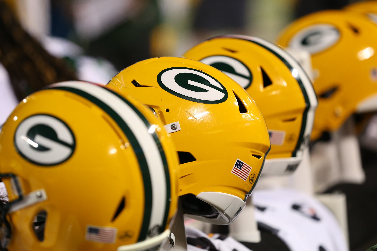 A view of Green Bay Packers helmets during an NFL game against the Kansas City Chiefs on Oct. 27, 2019.