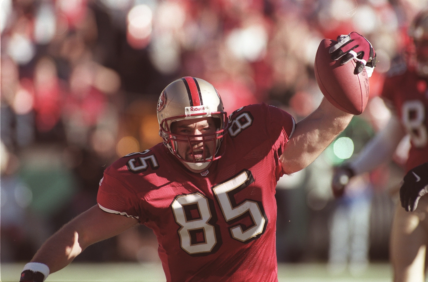 San Francisco 49ers tight end Greg Clark celebrates catching a touchdown pass.