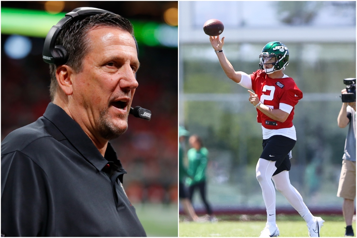 Falcons assistant Greg Knapp looks on during a game as Jets rookie quarterback Zach Wilson makes a throw during practice.