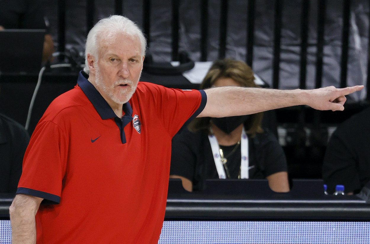Team USA head coach Gregg Popovich gestures during an exhibition game against Nigeria at Michelob ULTRA Arena ahead of the Tokyo Olympic Games on July 10, 2021 in Las Vegas, Nevada. Nigeria defeated the United States 90-87