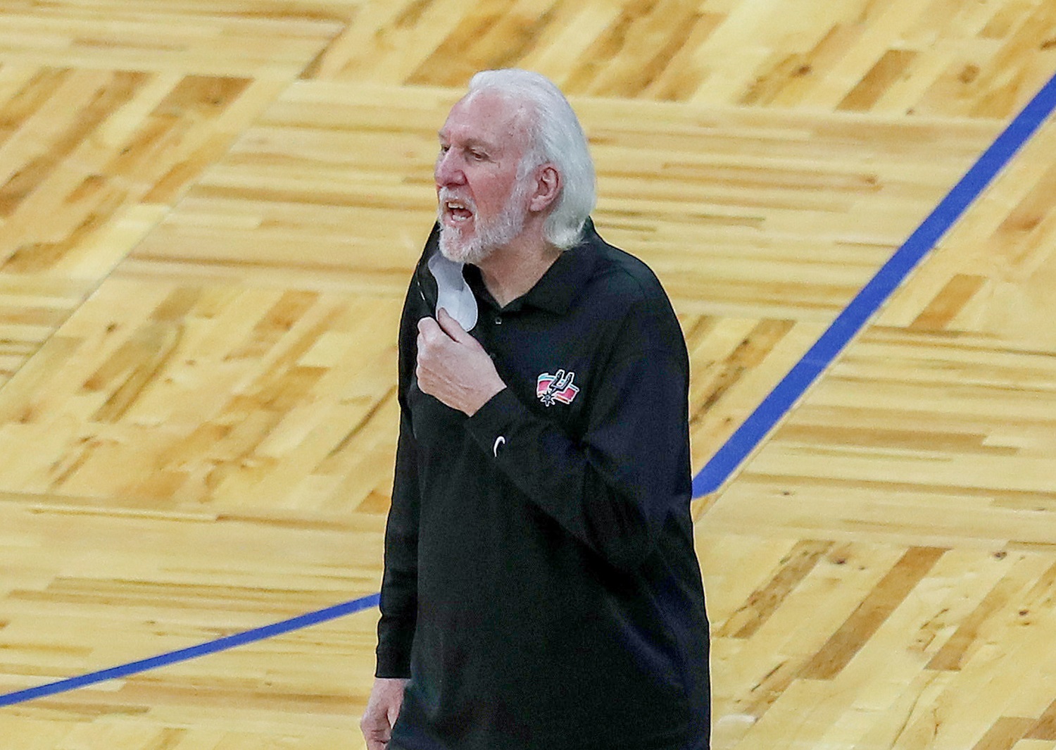 San Antonio Spurs head coach Gregg Popovich on the sideline against the Orlando Magic at Amway Center on April 12, 2021 in Orlando, Florida.