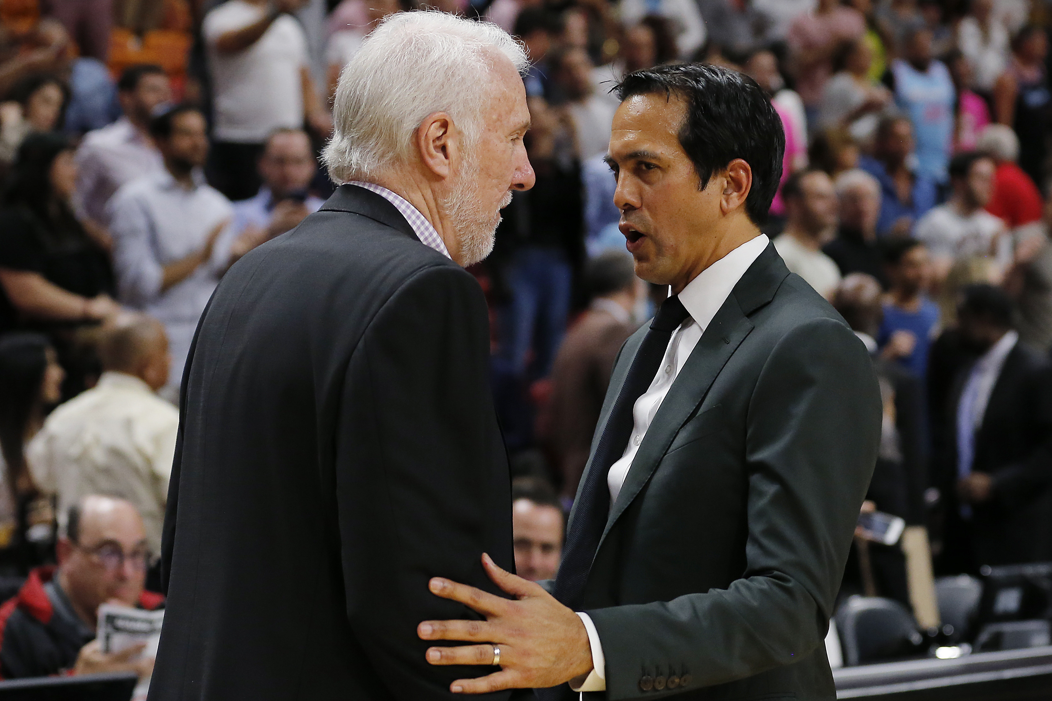 NBA coaches Gregg Popovich (L) and Erik Spoelstra in 2020.