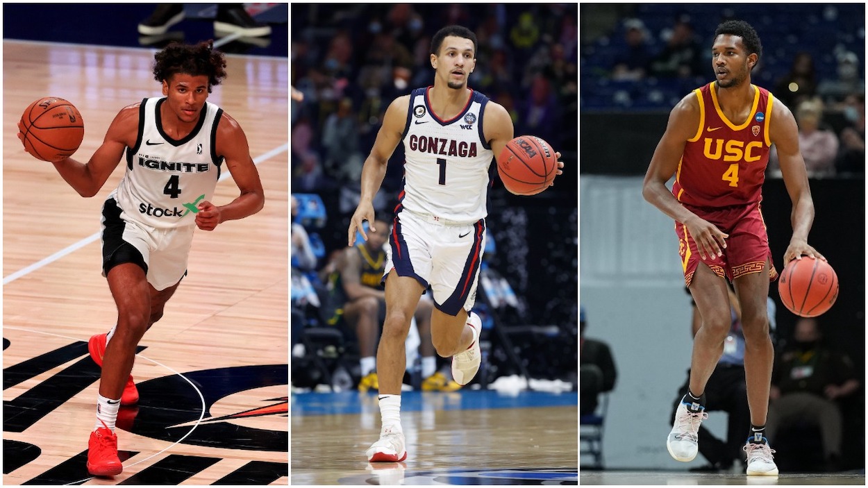 (L-R) Jalen Green of the G League Ignite brings the ball up the floor during a G-League game; Jalen Suggs of the Gonzaga Bulldogs brings the ball up the floor against the Baylor Bears in the National Championship game of the 2021 NCAA Men's Basketball Tournament; Evan Mobley of the USC Trojans brings the ball up court against the Gonzaga Bulldogs in the Elite Eight round of the 2021 NCAA Division I Mens Basketball Tournament.