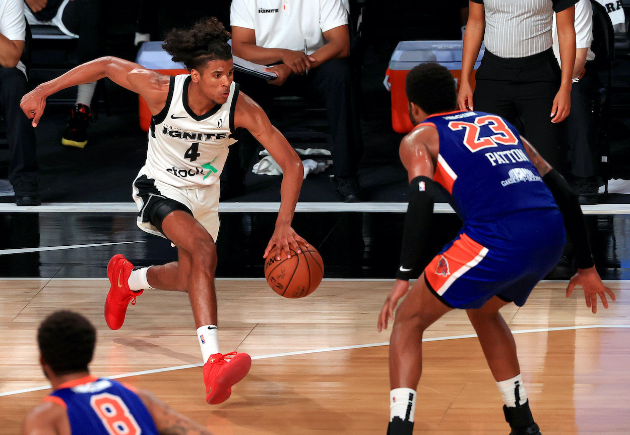 Jalen Green of the G League Ignite drives to the basket during a G-League game against the Westchester Knicks at AdventHealth Arena at ESPN Wide World Of Sports Complex on February 18, 2021 in Lake Buena Vista, Florida.