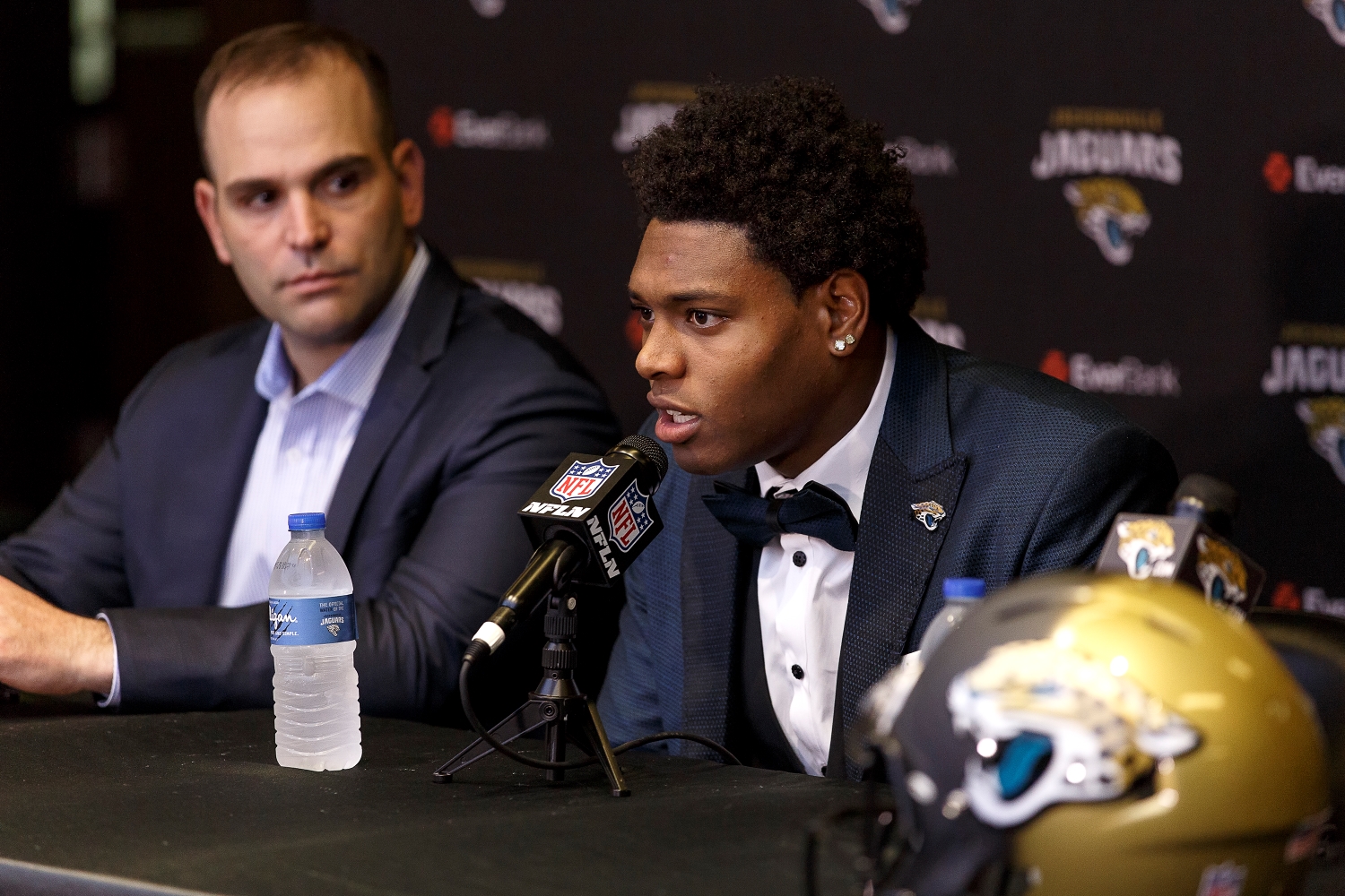 Jalen Ramsey speaks to the media for the first time after getting drafted by the Jacksonville Jaguars alongside general manager Dave Caldwell.