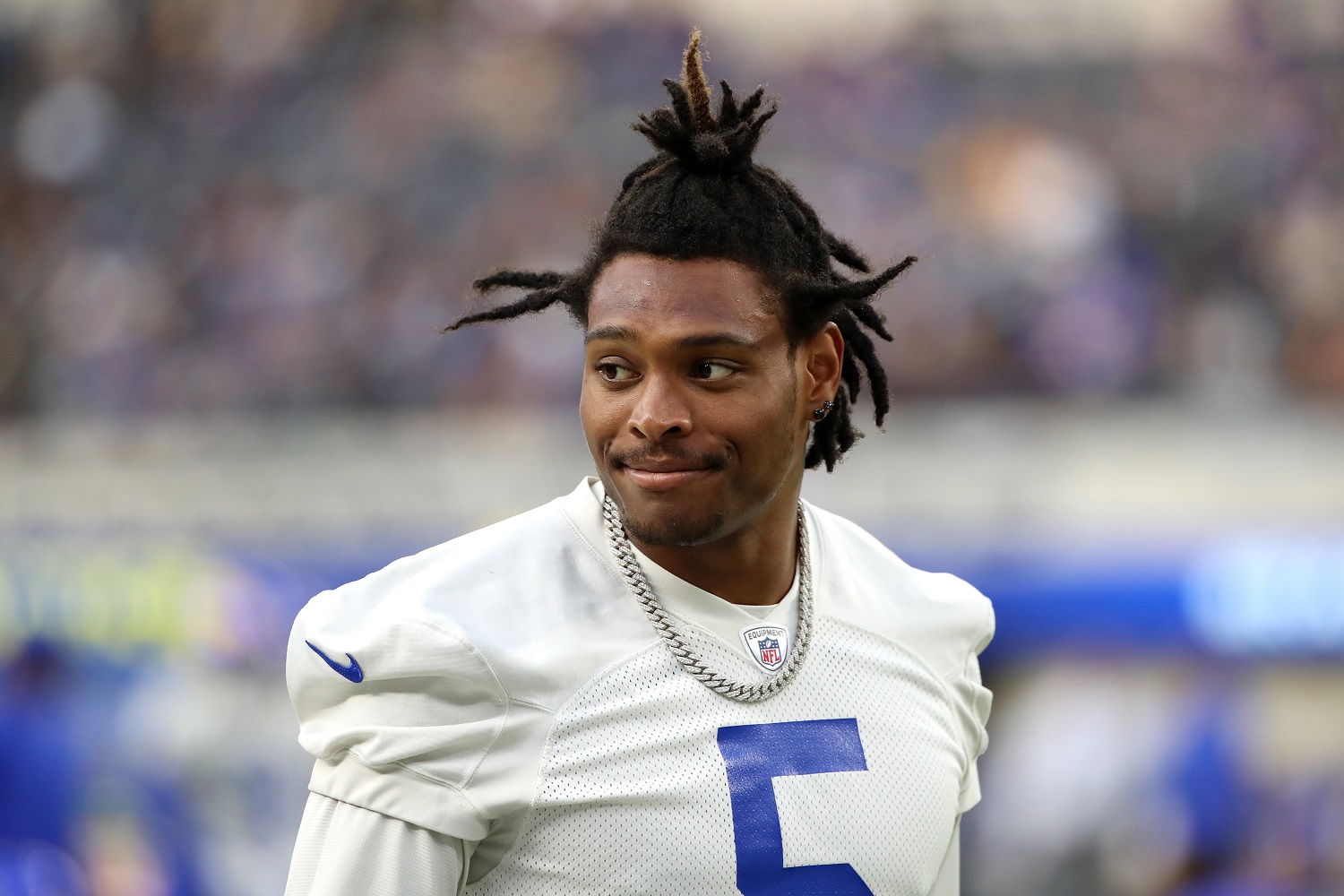 Jalen Ramsey of the Los Angeles Rams looks on during open practice at SoFi Stadium on June 10, 2021 in Inglewood, California.