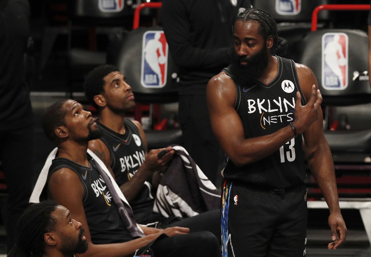 The Brooklyn Nets' power trio of James Harden, Kevin Durant, and Kyrie Irving.