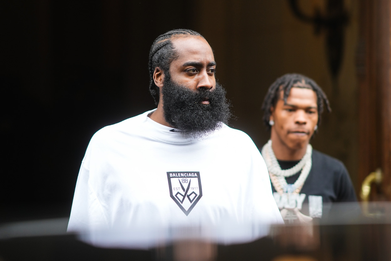 James Harden, NBA basketball player for the Brooklyn Nets, is seen with rapper Lil Baby outside Balenciaga, during Paris Fashion Week - Haute Couture Fall/Winter 2021/2022, on July 07, 2021 in Paris, France.